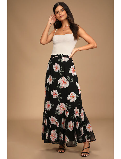 Lulus Blossoming Choice Black Floral Print Ruffled Maxi Skirt