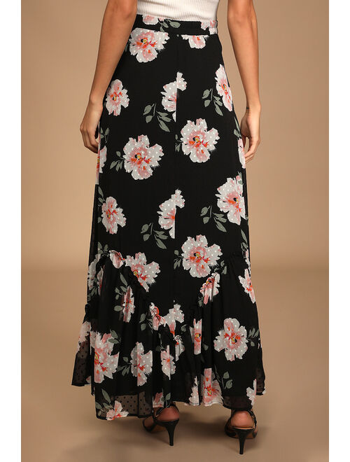 Lulus Blossoming Choice Black Floral Print Ruffled Maxi Skirt