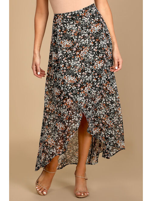 Lulus Breezy Autumn Black Floral Print High-Low Maxi Skirt