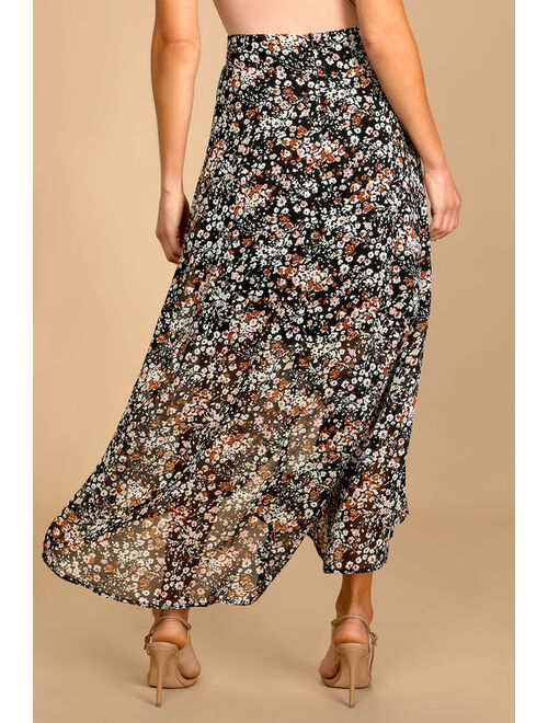 Lulus Breezy Autumn Black Floral Print High-Low Maxi Skirt