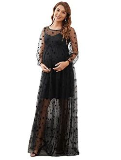 Women's Star Print Long Sleeves A Line Mesh Maxi Maternity Dress 20844