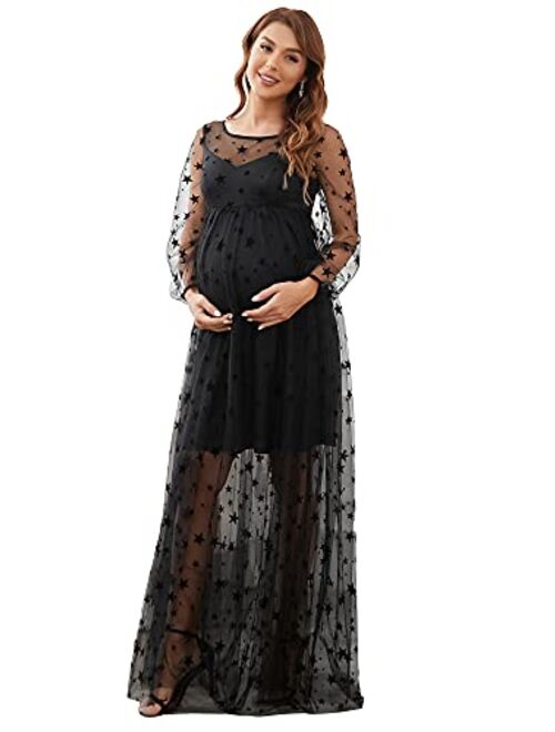 Ever-Pretty Women's Star Print Long Sleeves A Line Mesh Maxi Maternity Dress 20844