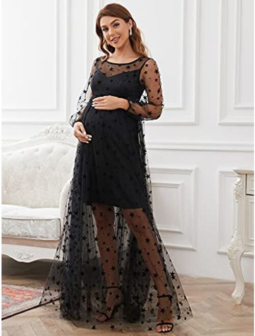 Ever-Pretty Women's Star Print Long Sleeves A Line Mesh Maxi Maternity Dress 20844