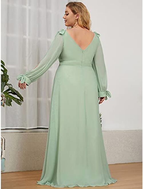 Ever-Pretty Elegant Plus Size Chiffon Long Sleeve Side Slit Formal Dress 80116-PZ