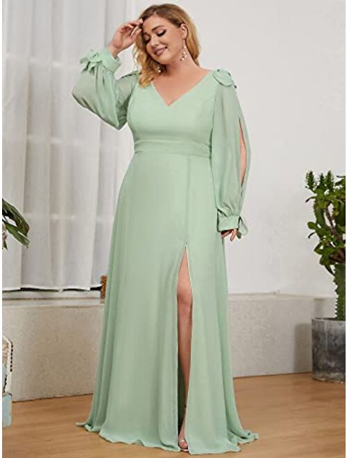 Ever-Pretty Elegant Plus Size Chiffon Long Sleeve Side Slit Formal Dress 80116-PZ