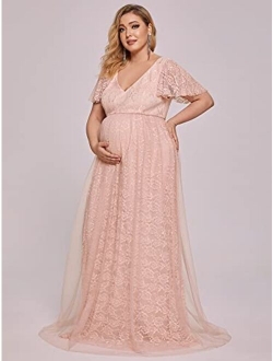 Women's Plus Size Lace V-Neck Tulle A-Line Long Maternity Photography Dress 20833-PZ