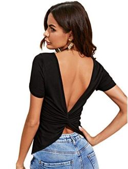 Women's Open Back Backless Short Sleeve Ruched Tie Back Top Shirts Tee Black