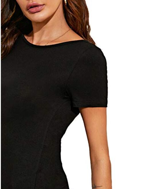 Verdusa Women's Open Back Backless Short Sleeve Ruched Tie Back Top Shirts Tee Black