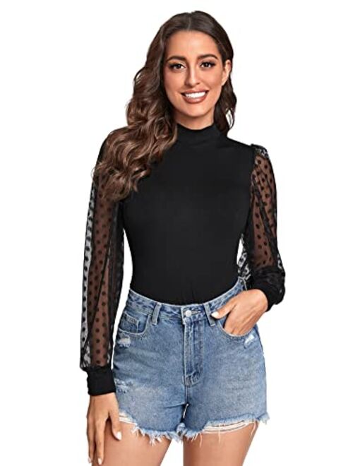 Verdusa Women's Polka Dots Sheer Mesh Long Sleeve Mock Neck Blouse