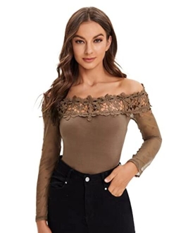 Women's Sheer Mesh Long Sleeve Off Shoulder Lace Slim Fit Tee Shirt Top