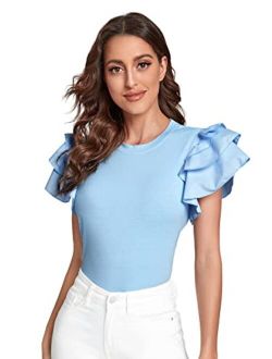 Women's Layered Ruffle Butterfly Sleeve Round Neck Blouse Tee Top