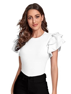 Women's Layered Ruffle Butterfly Sleeve Round Neck Blouse Tee Top