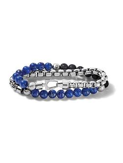 Mens Classic Double-Wrap Lapis, Black Lava and Stainless Steel Bead and Box-Chain Bracelet (Model J96B024M)