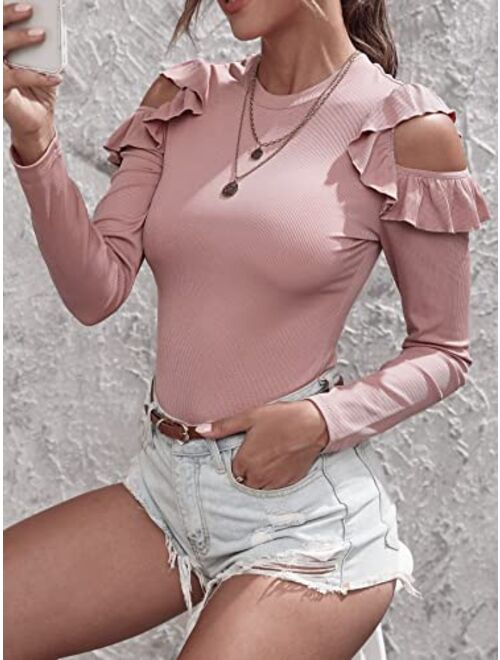 Verdusa Women Casual Ruffle Trim Top Long Sleeve Blouse Cutout Solid Tee Shirt