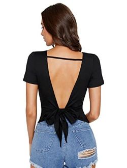 Women's Open Back Backless Short Sleeve Ruched Tie Back Top Shirts Tee
