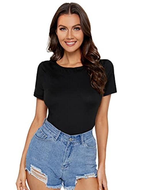 Verdusa Women's Open Back Backless Short Sleeve Ruched Tie Back Top Shirts Tee