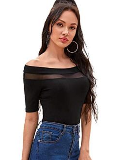 Women's Sexy Off Shoulder Short Sleeve Slim Fit Mesh Insert Top Shirt