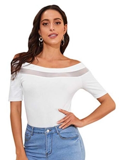 Women's Sexy Off Shoulder Short Sleeve Slim Fit Mesh Insert Top Shirt
