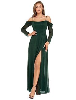 Women's Off Shoulder Long Sleeve Side Slit Maxi Sparkle Evening Party Dress 50181