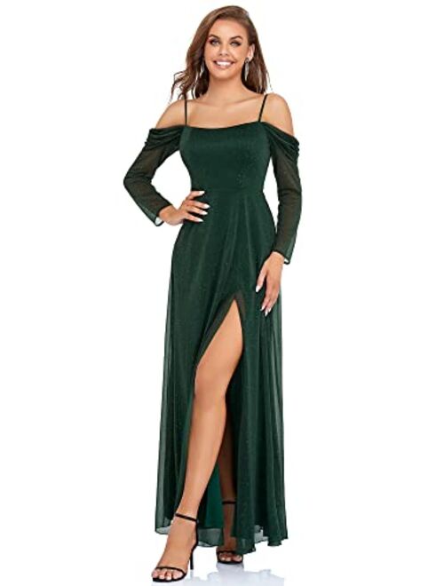 Ever-Pretty Women's Off Shoulder Long Sleeve Side Slit Maxi Sparkle Evening Party Dress 50181
