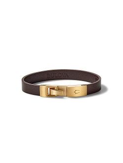 Mens Classic Brown Leather Single-Wrap Bracelet with Brushed Gold-Tone Stainless Steel Hook Clasp (Model J97B004M), Medium