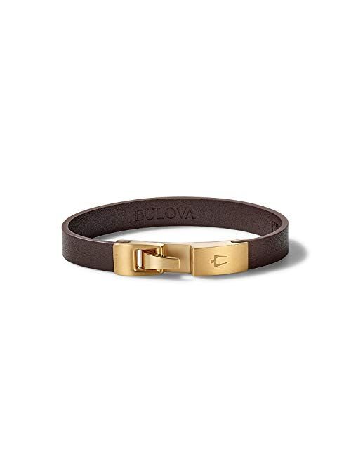 Bulova Mens Classic Brown Leather Single-Wrap Bracelet with Brushed Gold-Tone Stainless Steel Hook Clasp (Model J97B004M), Medium