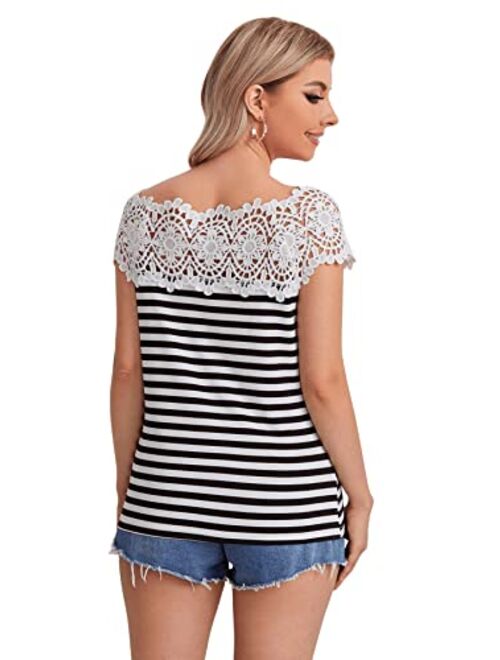 Verdusa Womens Casual Lace Striped Shirt Loose Fit Short Sleeve Tee Blouses Tops