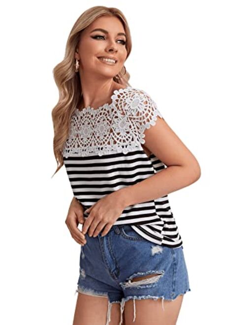 Verdusa Womens Casual Lace Striped Shirt Loose Fit Short Sleeve Tee Blouses Tops