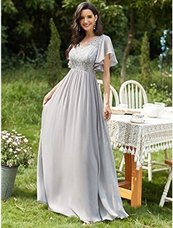 Women's Elegant V-Neck Ruffles Lace Chiffon Evening Dresses 90035
