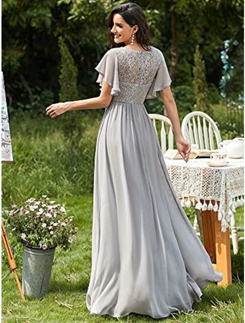 Ever-Pretty Women's Elegant V-Neck Ruffles Lace Chiffon Evening Dresses 90035