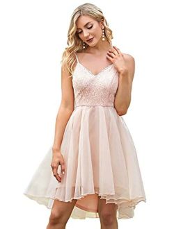 Women's A Line Above-Knee V Neck High Low Spaghetti Straps Lace Formal Party Dress 80072
