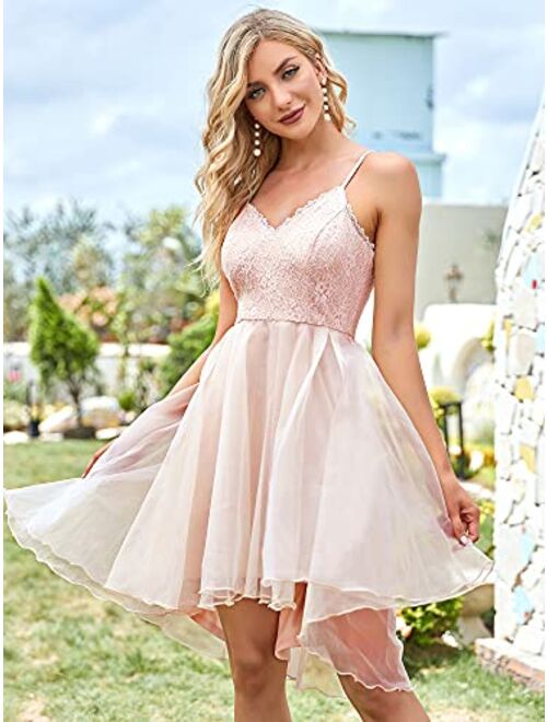 Ever-Pretty Women's A Line Above-Knee V Neck High Low Spaghetti Straps Lace Formal Party Dress 80072