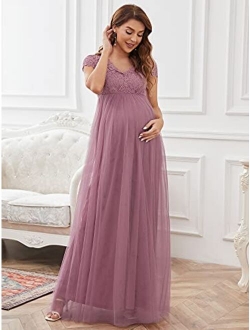 Women's A-line Lace Cap Sleeve V-Neck Tulle Long Maternity Evening Party Dress 20818