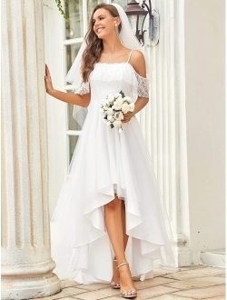 Wedding Dress Women's A Line Off Shoulder High Low Spaghetti Straps Lace Bridal Dress 90340