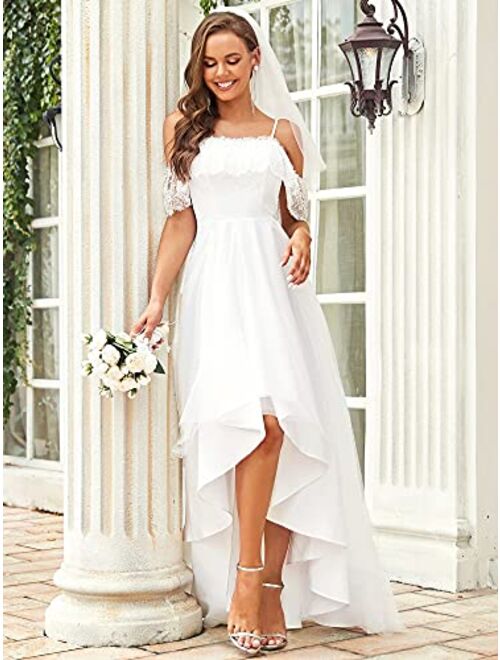 Ever-Pretty Wedding Dress Women's A Line Off Shoulder High Low Spaghetti Straps Lace Bridal Dress 90340