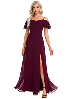 Women's Off-Shoulder A-line Side Slit Chiffon Bridesmaid Prom Dresses with Sleeves 0237