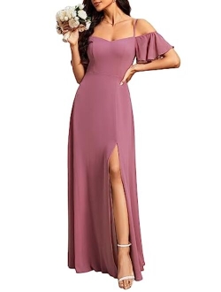 Women's Off-Shoulder A-line Side Slit Chiffon Bridesmaid Prom Dresses with Sleeves 0237