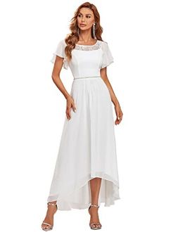 Women's Elegant A-line Short Sleeve High Low Chiffon Midi Bridesmaid Dress 0465