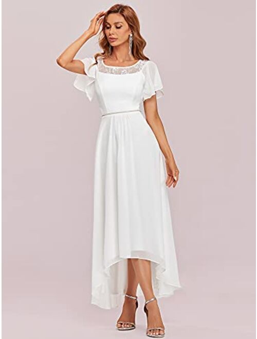 Ever-Pretty Women's Elegant A-line Short Sleeve High Low Chiffon Midi Bridesmaid Dress 0465