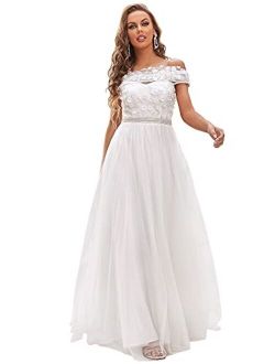 Women's Off Shoulder Floral Applique Long Tulle Wedding Dress for Bride 90316
