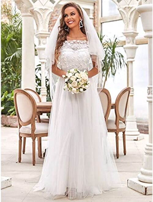 Ever-Pretty Women's Off Shoulder Floral Applique Long Tulle Wedding Dress for Bride 90316