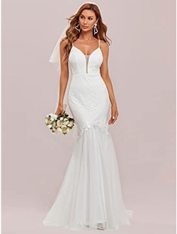 Women V Neck Spaghetti Straps Floral Lace Bodycon Tulle Wedding Dress 90331