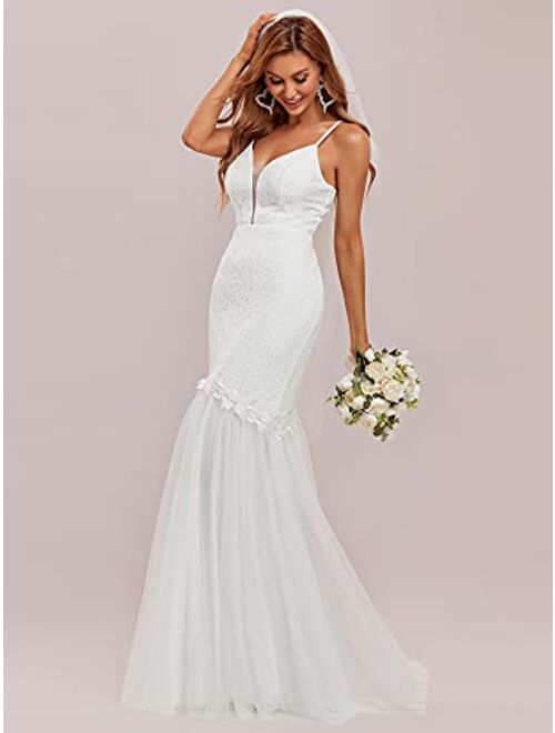 Ever-Pretty Women V Neck Spaghetti Straps Floral Lace Bodycon Tulle Wedding Dress 90331