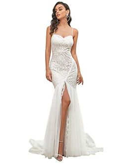 Women Spaghetti Straps Long Lace Applique Bodycon Side Slit Mermaid Wedding Dress 90355