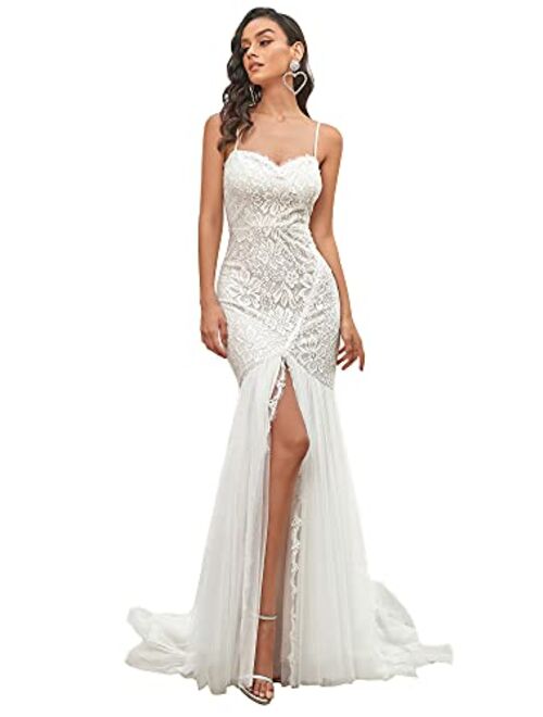 Ever-Pretty Women Spaghetti Straps Long Lace Applique Bodycon Side Slit Mermaid Wedding Dress 90355