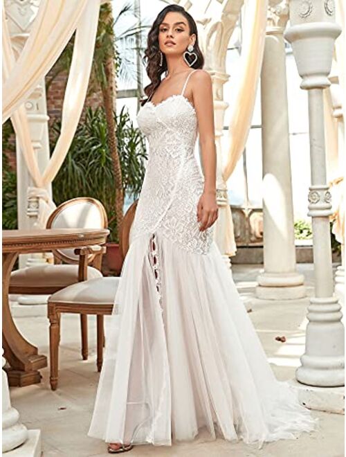Ever-Pretty Women Spaghetti Straps Long Lace Applique Bodycon Side Slit Mermaid Wedding Dress 90355