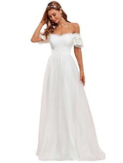 Women's Off Shoulder A Line Lace Short Sleeves Tulle Long Wedding Dress for Bride 90317