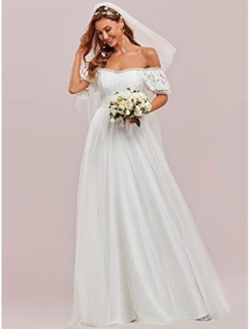 Ever-Pretty Women's Off Shoulder A Line Lace Short Sleeves Tulle Long Wedding Dress for Bride 90317