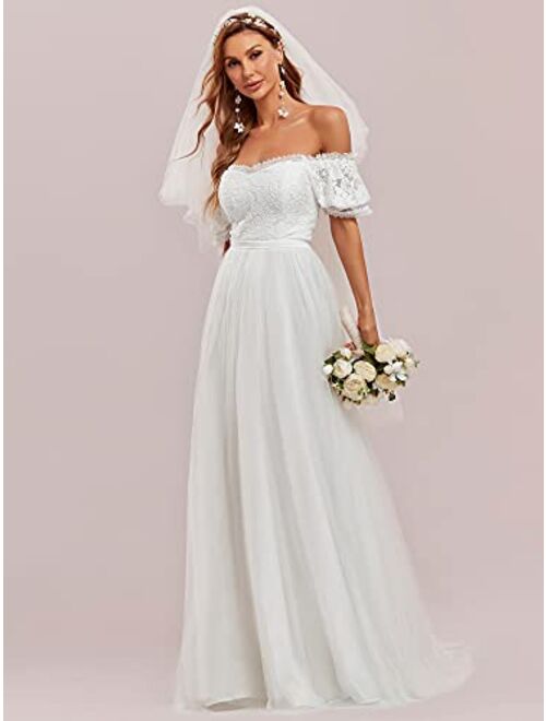 Ever-Pretty Women's Off Shoulder A Line Lace Short Sleeves Tulle Long Wedding Dress for Bride 90317