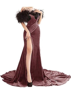 Tianzhihe Feather Velvet Mermaid Prom Dress Off Shoulder Long Formal Party Gown Evening Dress with Slit